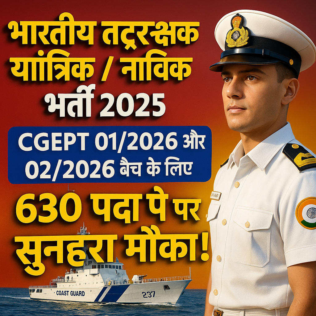 Indian Coast Guard Yantrik / Navik भर्ती 2025: CGEPT 01/2026 और 02/2026 बैच के लिए 630 पदों पर सुनहरा मौका!